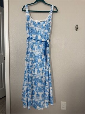 Karl Lagerfeld Blue & White Scenic Midi Dress with Tie Waist